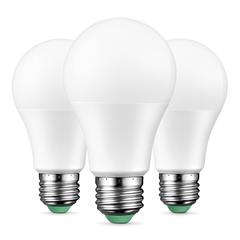 Three LED light bulbs with silver bases on a white background