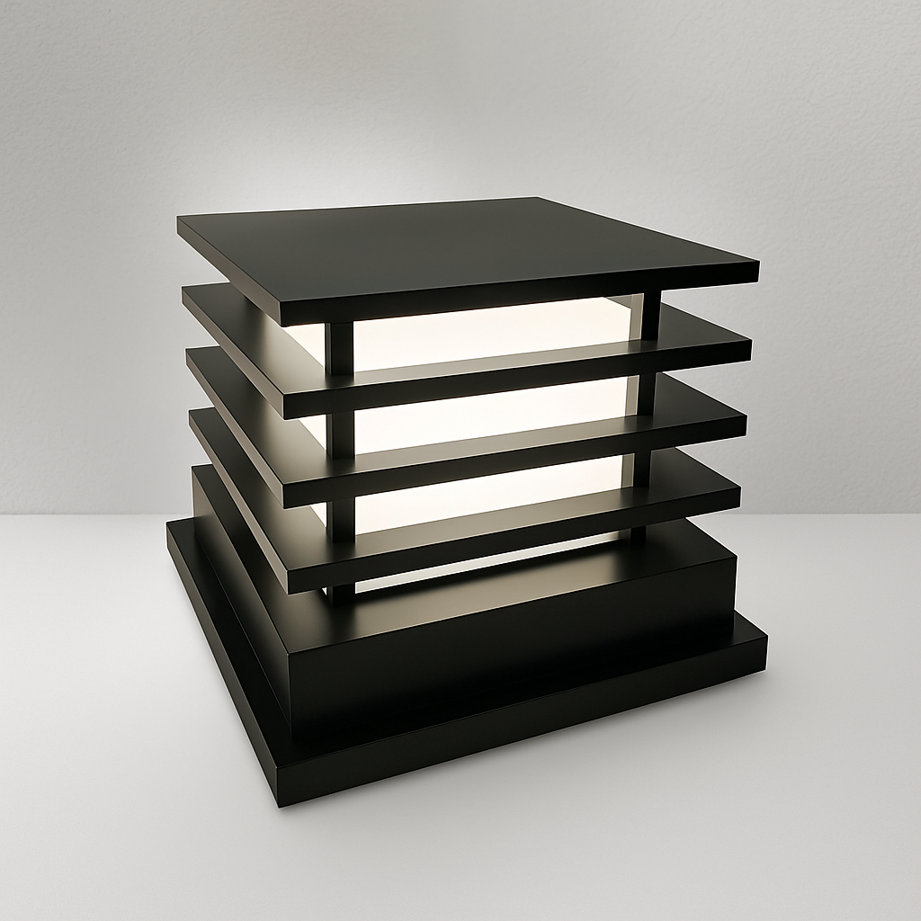 Black geometric lamp with multiple levels on a white background