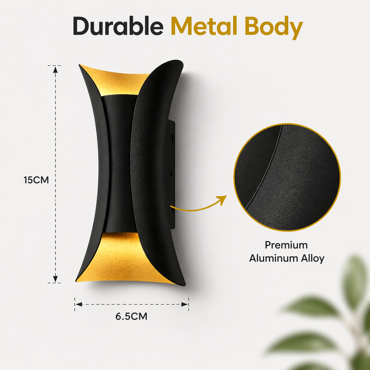Black and gold wall sconce with durability features highlighted on a white background