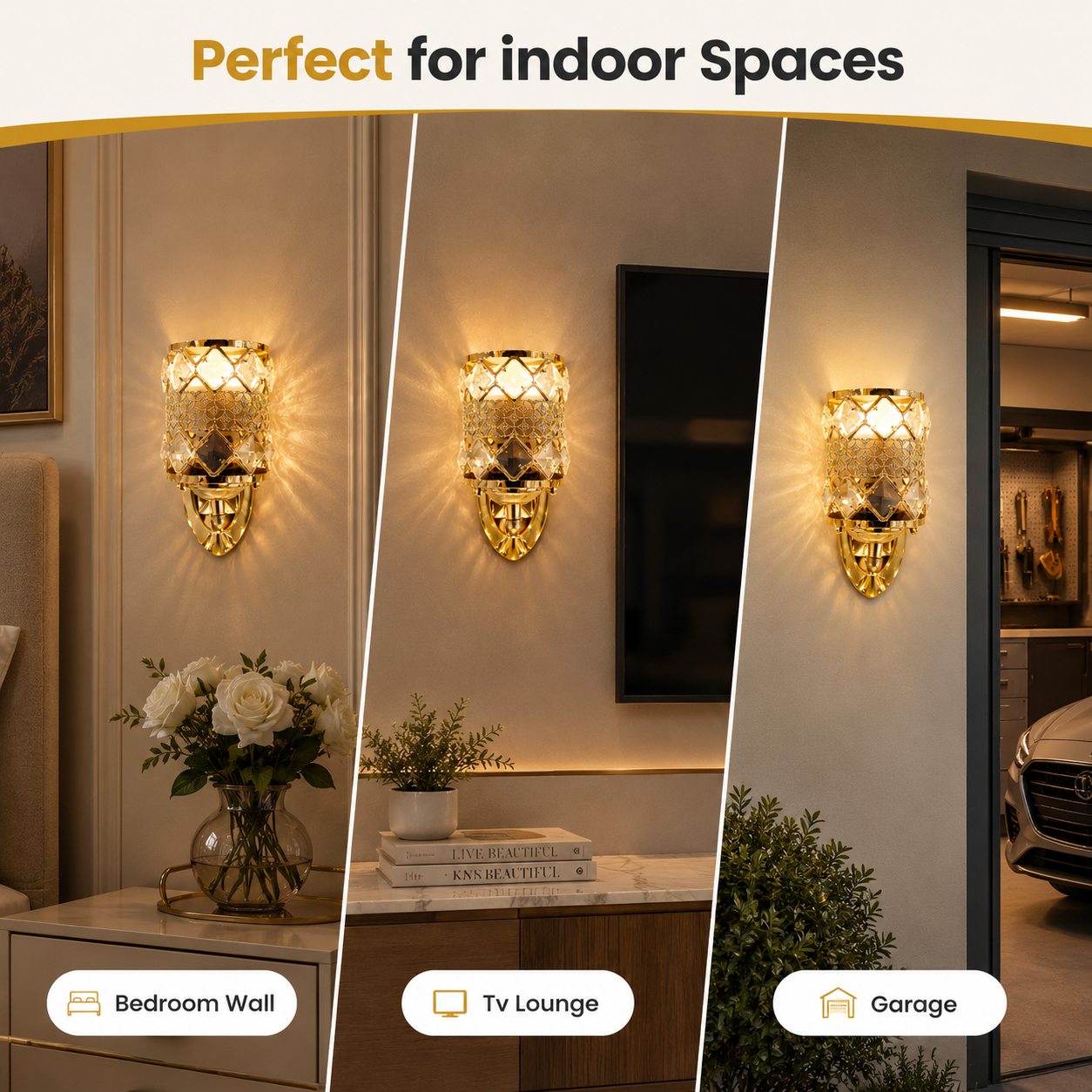 Decorative wall sconce in various indoor settings with text 'Perfect for indoor Spaces'.