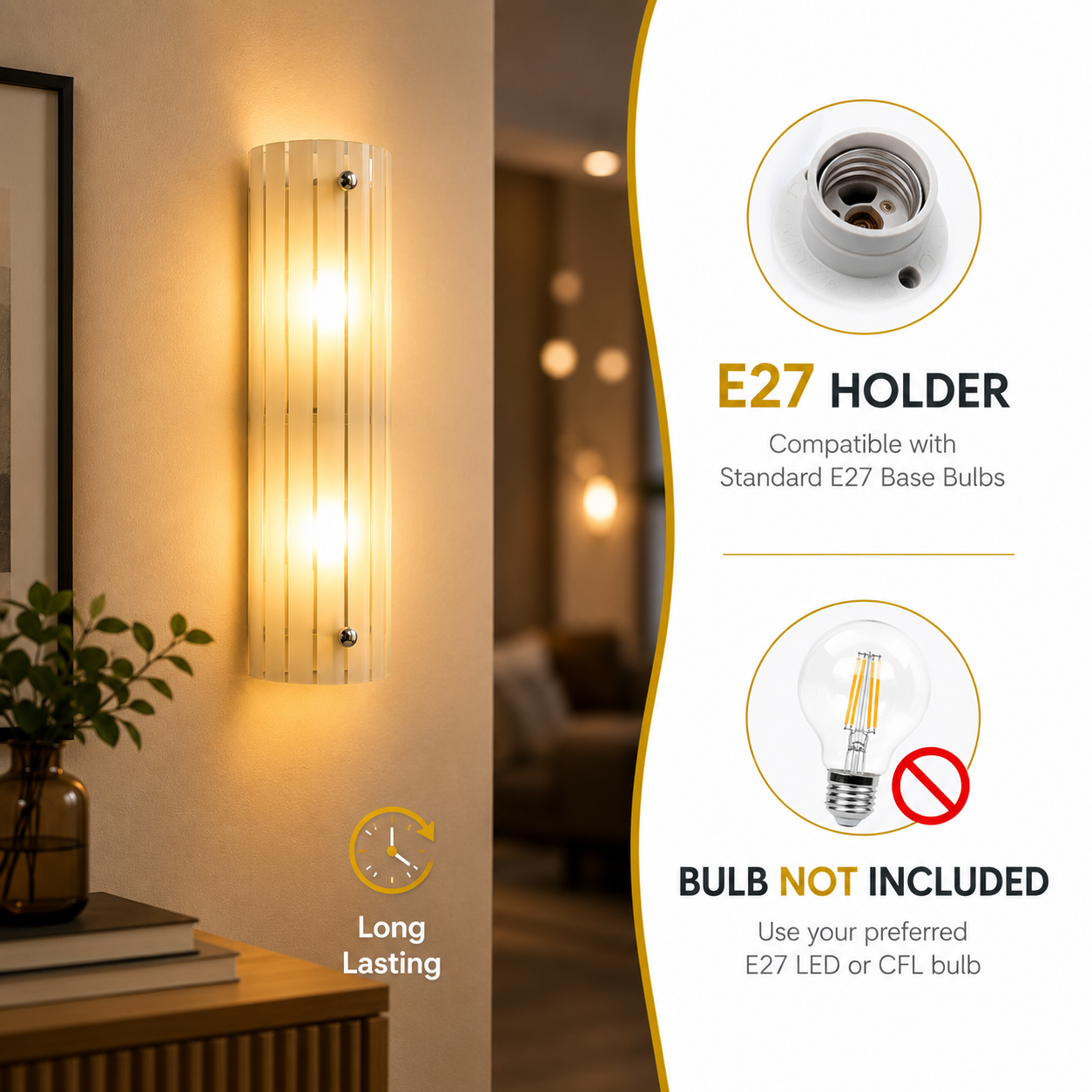Wall-mounted light fixture with E27 holder and bulb compatibility information.