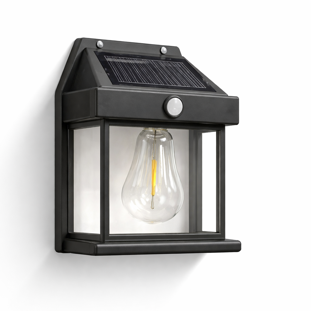 Solar-powered outdoor wall light with a clear bulb inside on a white background
