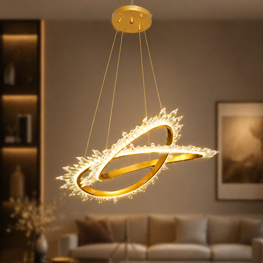 Modern chandelier hanging in a living room with a neutral color scheme.
