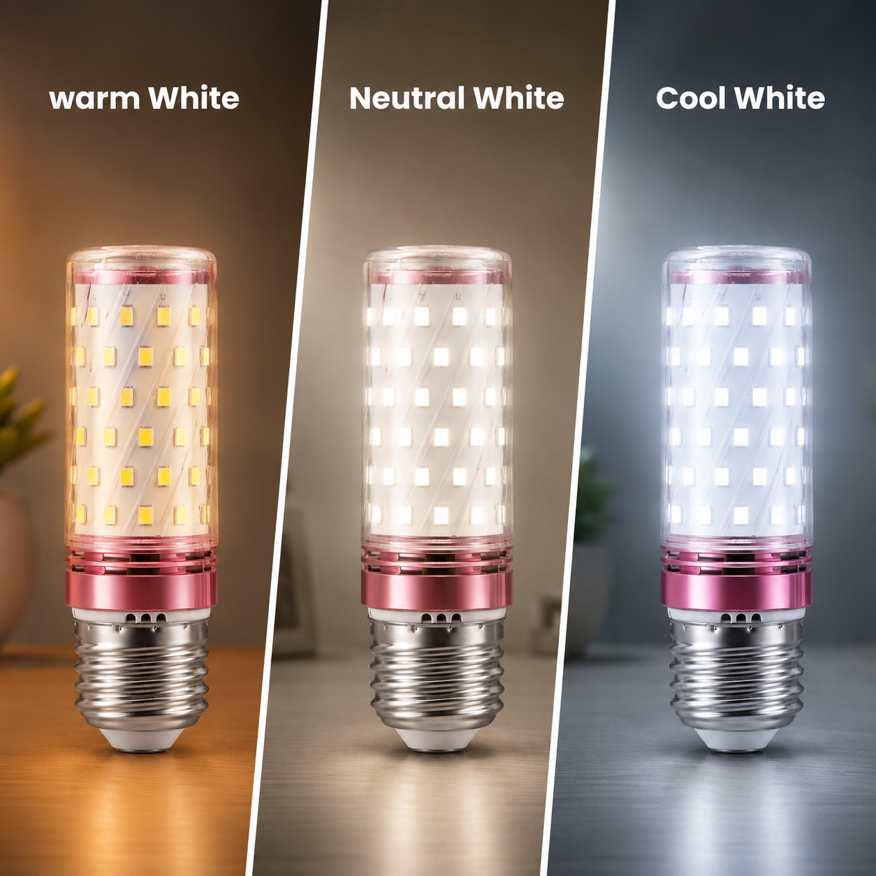 Three LED light bulbs labeled 'Warm White', 'Neutral White', and 'Cool White' on a neutral background.
