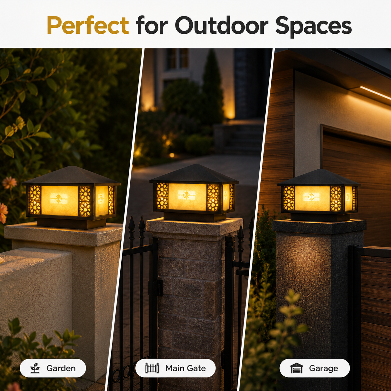 Outdoor lighting fixtures shown in garden, main gate, and garage settings with text 'Perfect for Outdoor Spaces'.