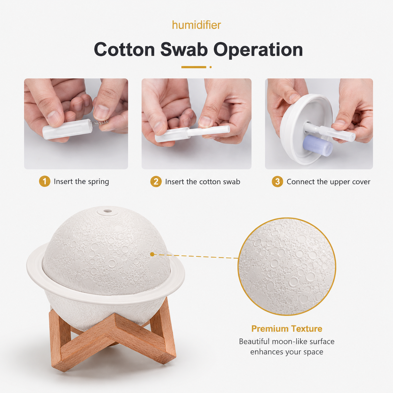 Step-by-step guide on using a humidifier with cotton swab operation, featuring a close-up of the humidifier's texture.