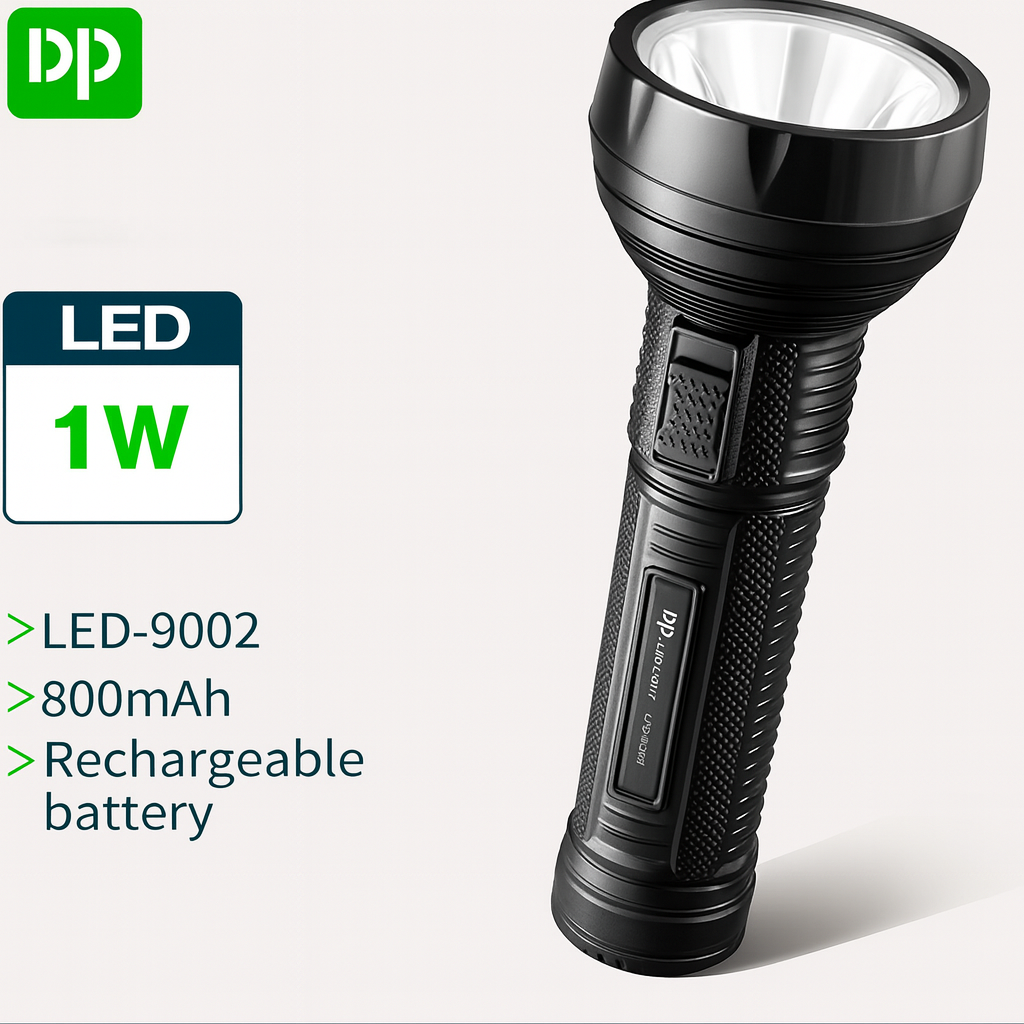 Black flashlight with LED indicator and specifications on a white background