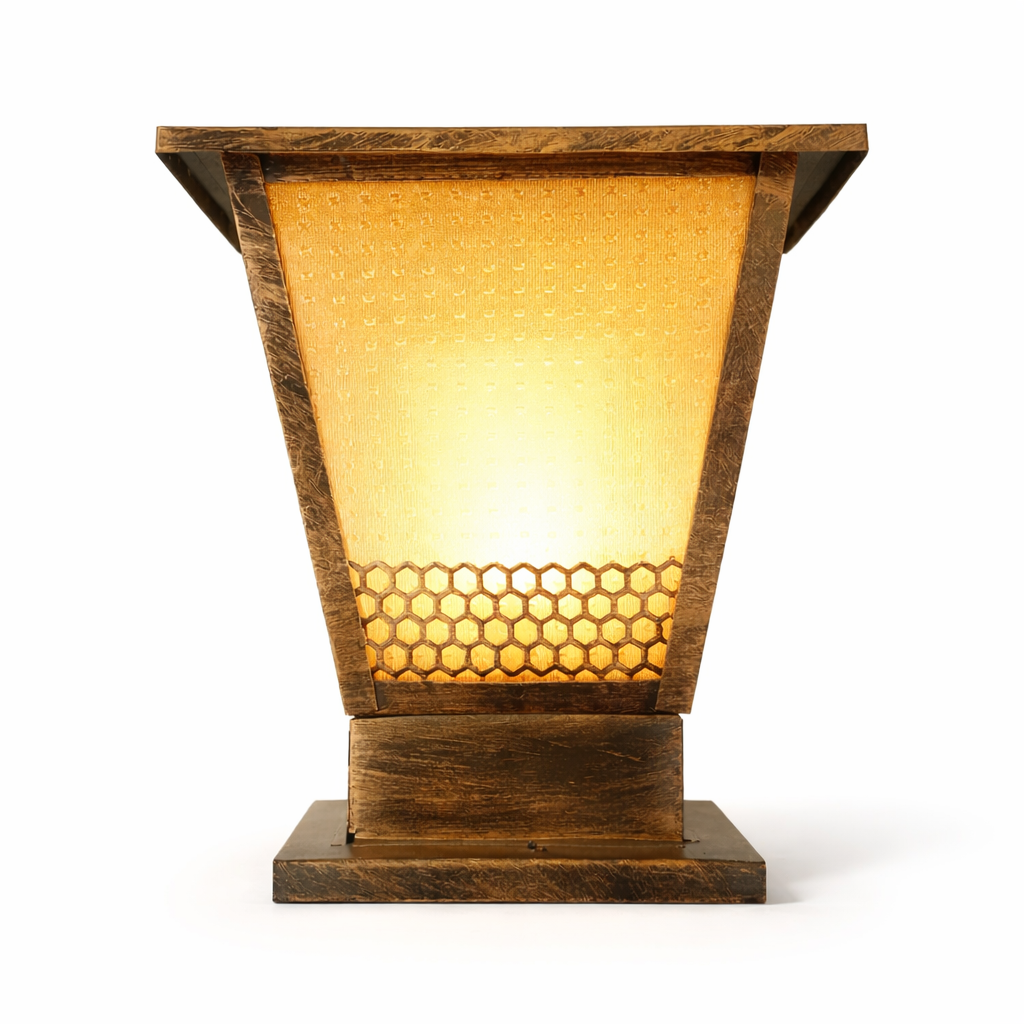 Decorative outdoor lamp with a warm glow on a white background