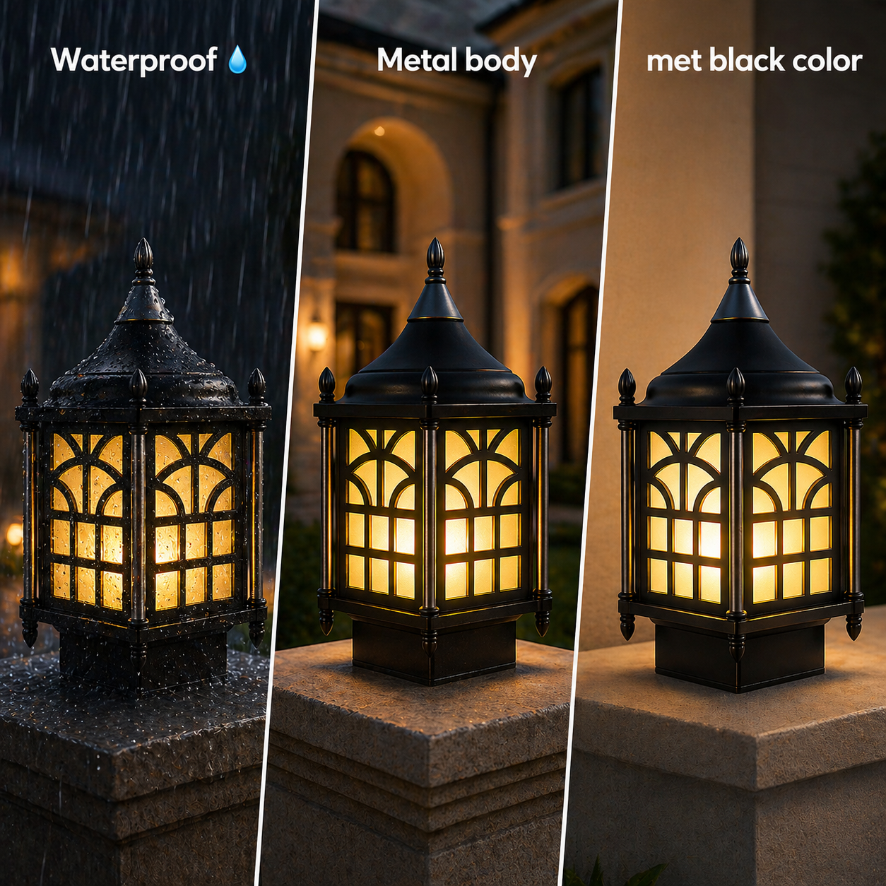 Outdoor lantern with waterproof, metal body, and met black color features.