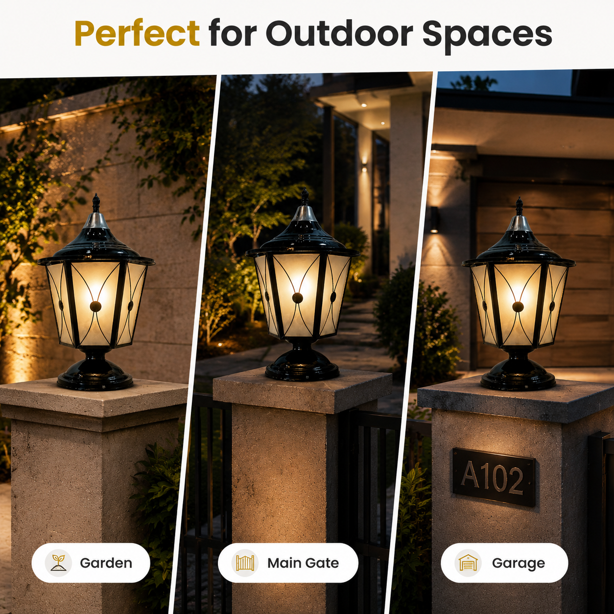Three outdoor lamp posts with decorative lights in garden, main gate, and garage settings.