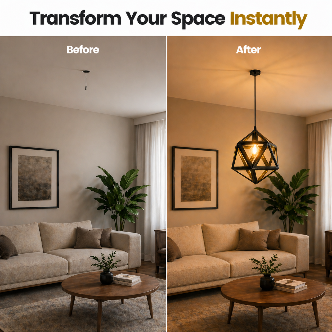 Before and after comparison of a living room with a new pendant light fixture.