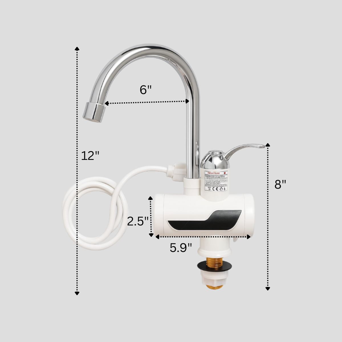 Measurement chart of a kitchen faucet with dimensions labeled on a gray background