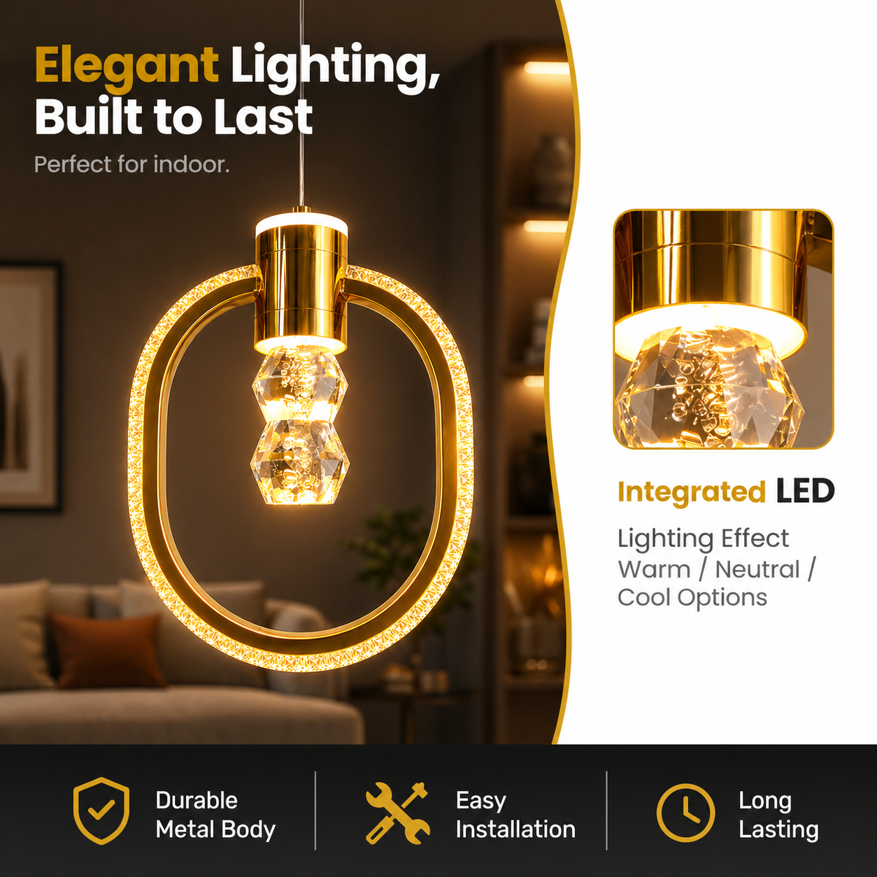 Modern pendant light with integrated LED in a living room setting, featuring text about lighting quality and features.
