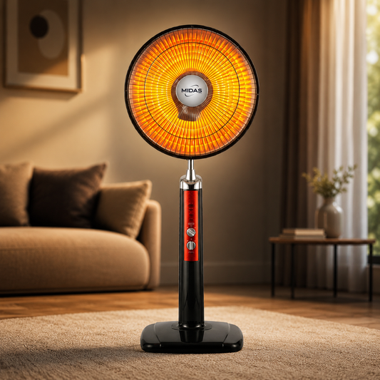 Portable heater with glowing orange light in a living room setting