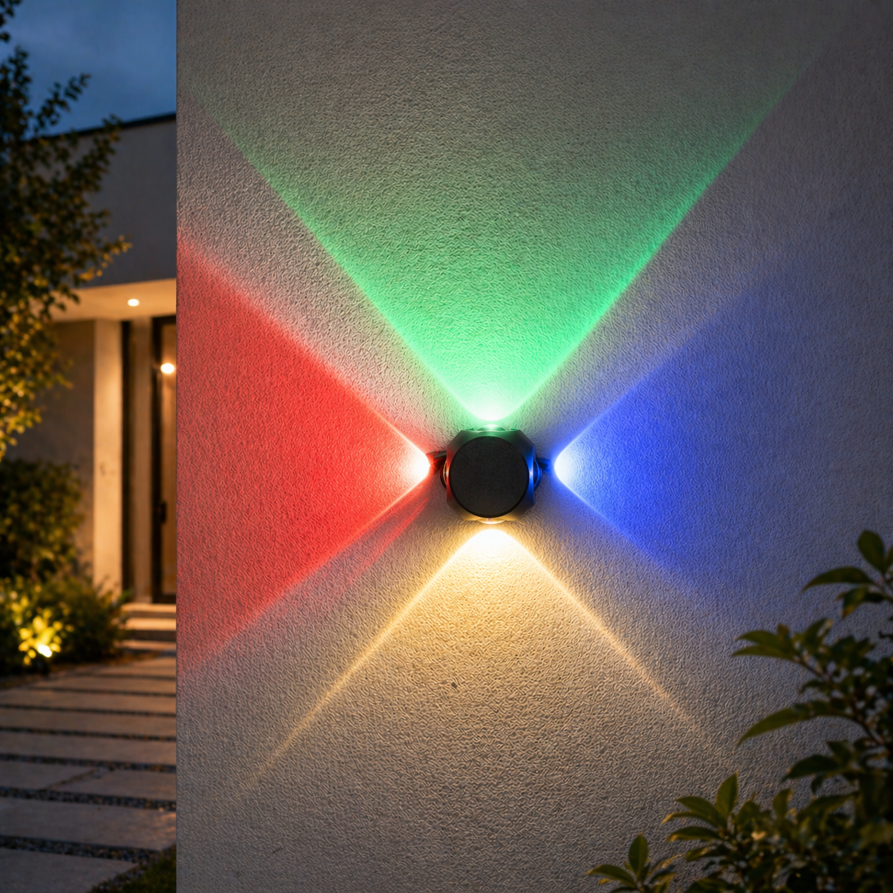 Colorful light projection on a wall outdoors with a house in the background