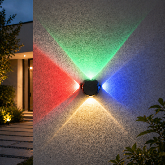 Colorful light projection on a wall outdoors with a house in the background