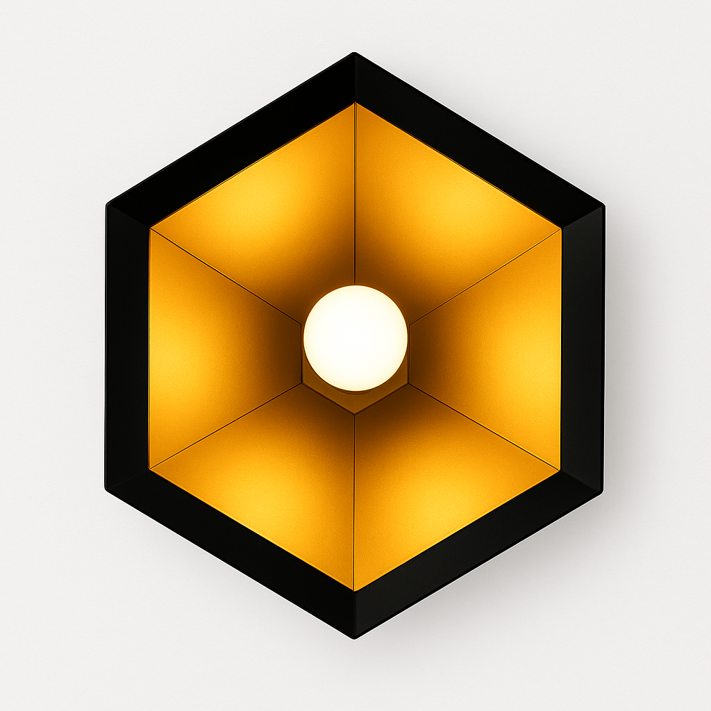 Hexagonal wall light fixture with a glowing bulb on a white background