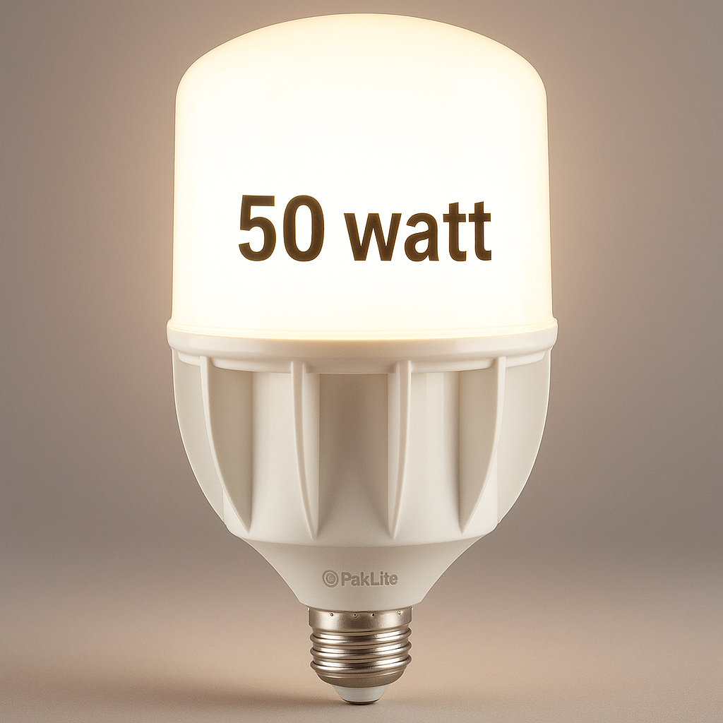 LED light bulb labeled '50 watt' on a beige background