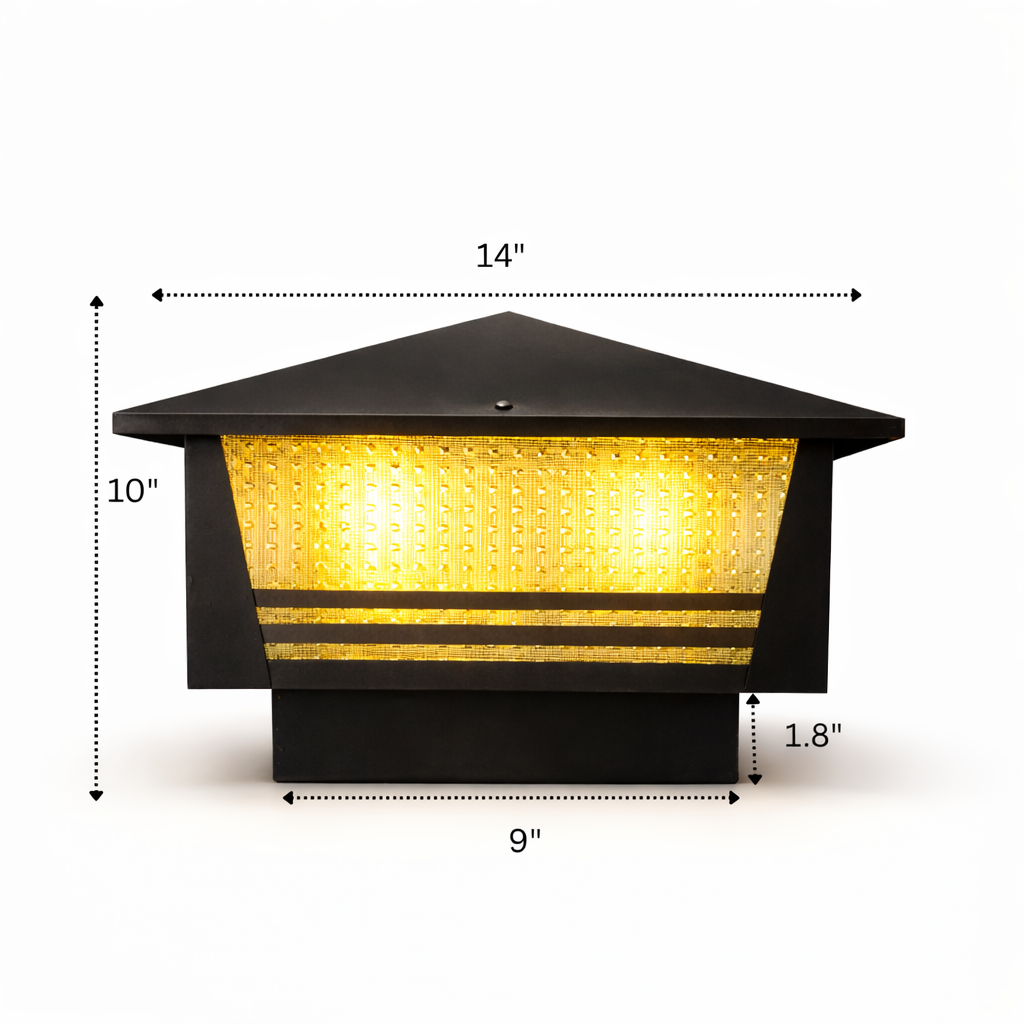 Modern fence post lantern with golden illumination
