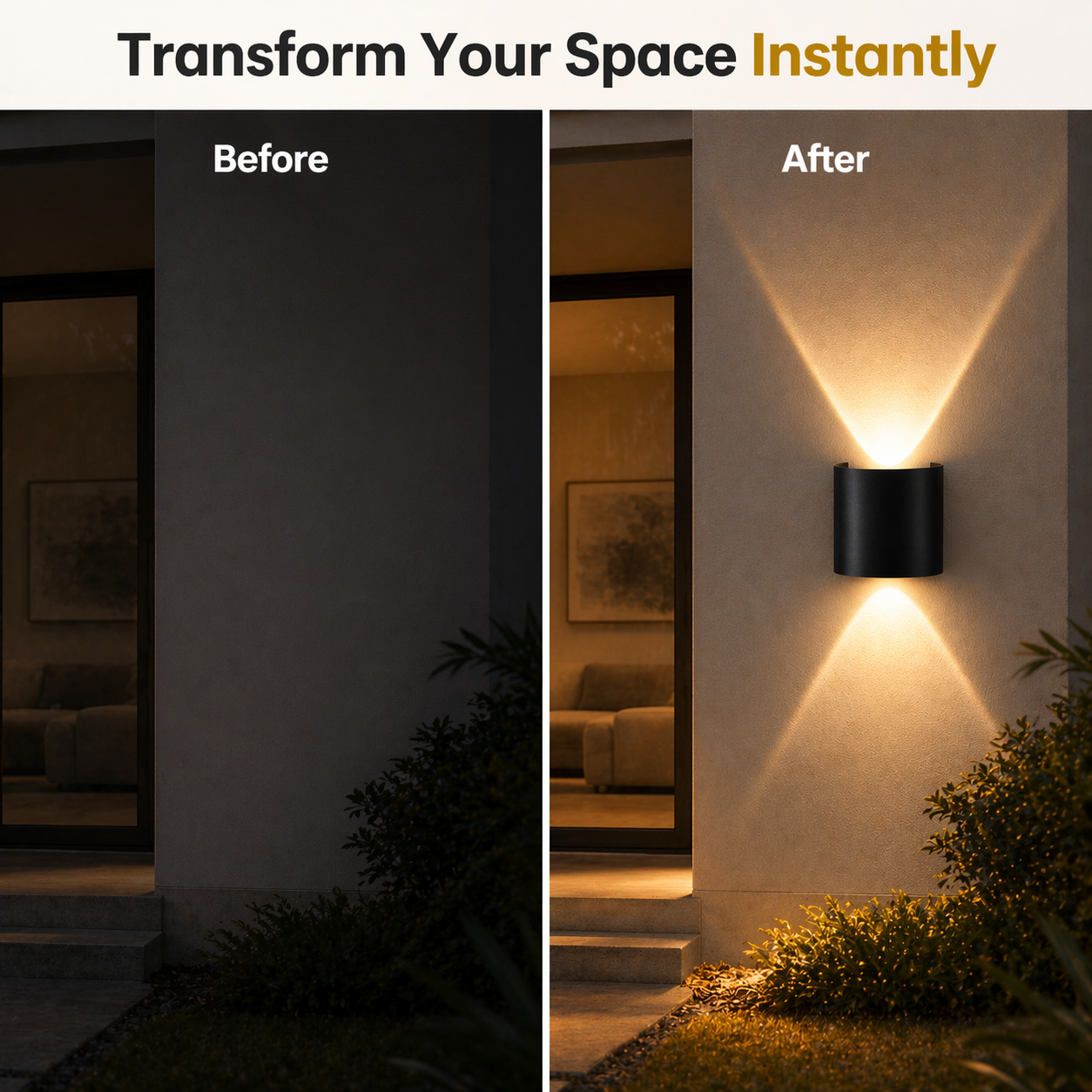 Before and after comparison of a dark outdoor area illuminated by a wall light fixture.