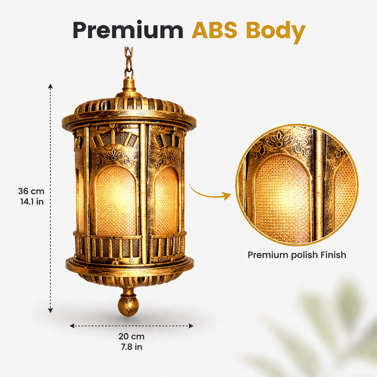 Decorative pendant light with dimensions and premium finish details on a white background