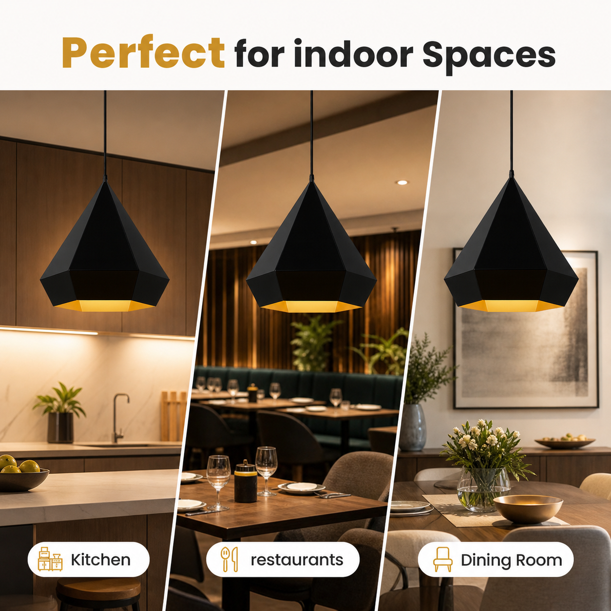 geometric metal ceiling light in modern dining room setting