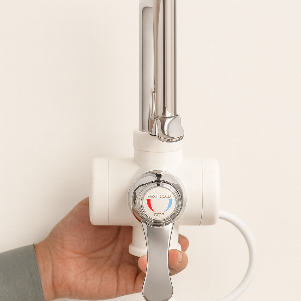 Hand holding a modern kitchen faucet handle with temperature control on a neutral background