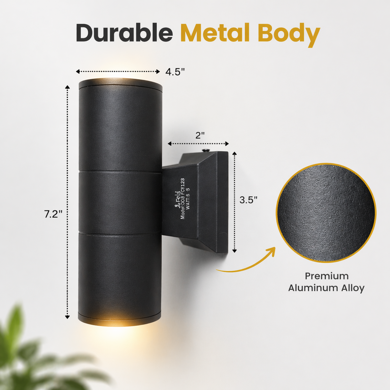 Black outdoor wall light fixture with dimensions and material details on a white background