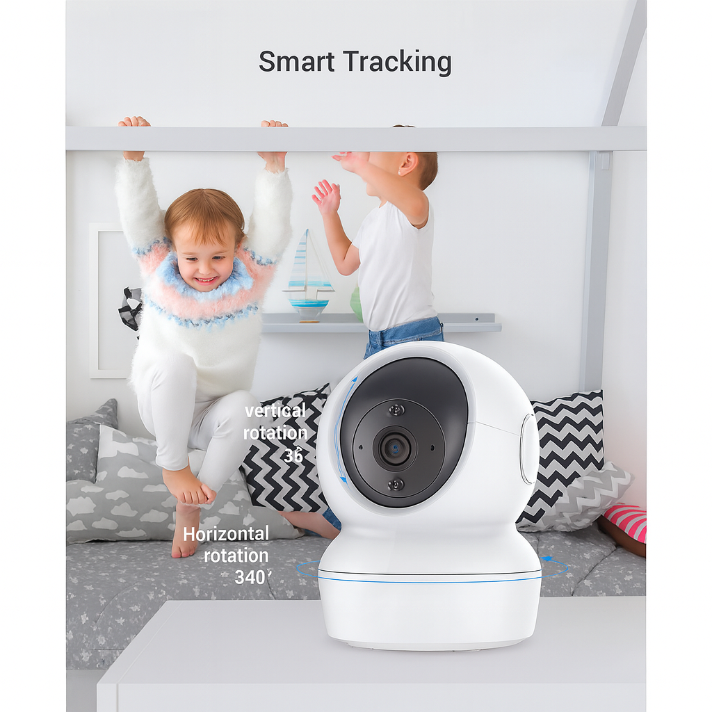 Smart tracking camera with children playing in the background