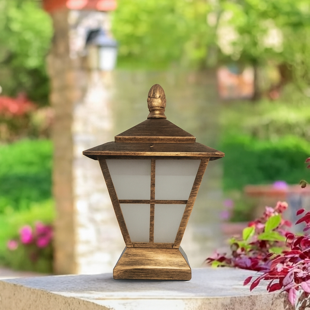 Outdoor LED pillar light with antique bronze frame for gardens