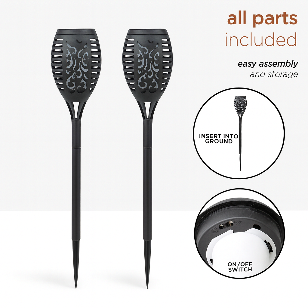 Decorative solar flame garden torches with on off switch and ground stake for easy setup and outdoor lighting”