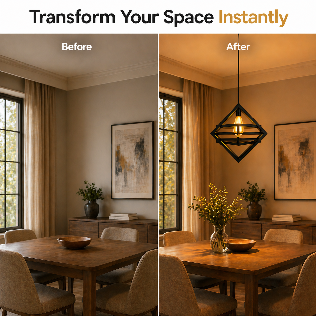 Before and after comparison of a dining room with lighting change.