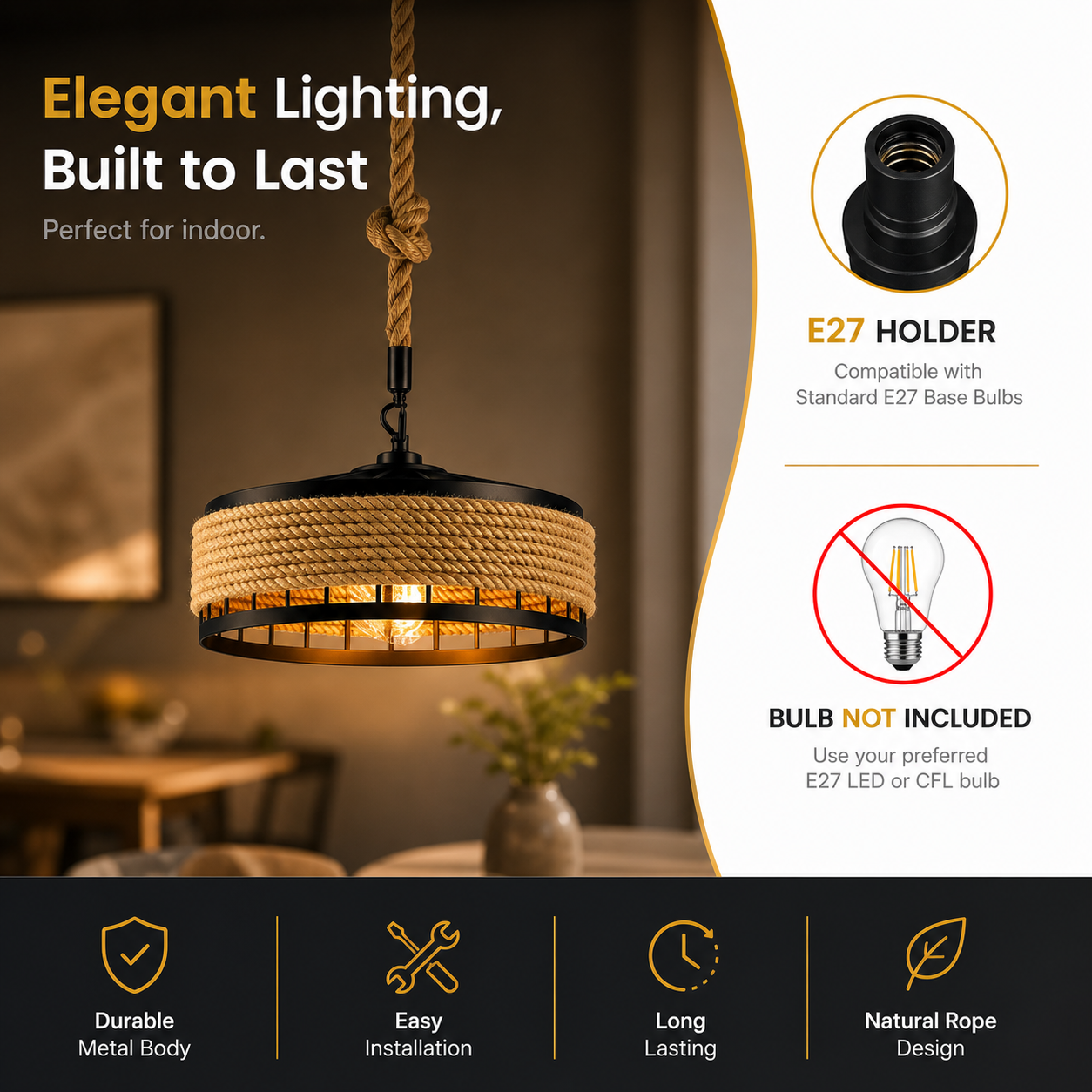 rope and metal pendant light glowing warm cozy atmosphere