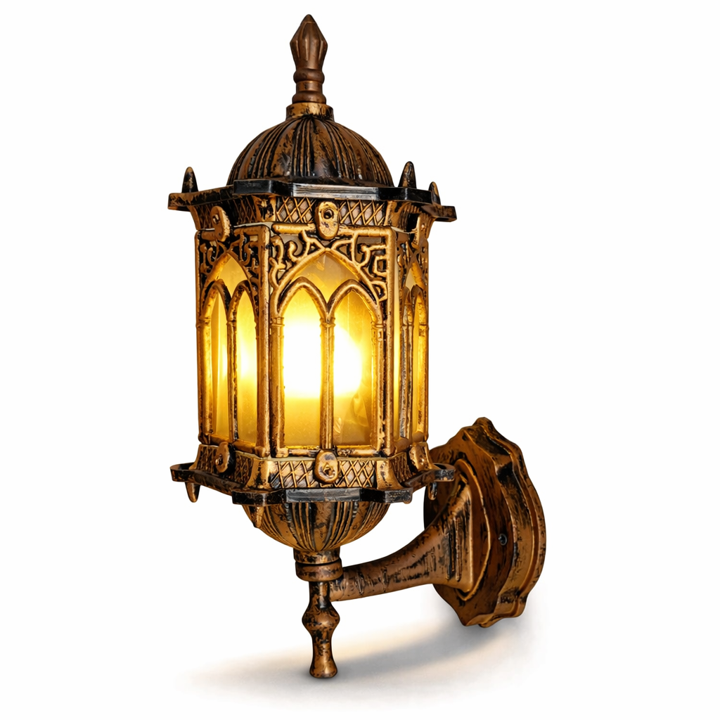 Vintage outdoor wall lantern with metal body and glass panels