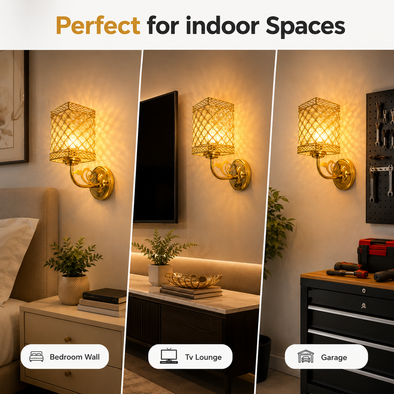 Decorative wall sconce in various indoor settings with text 'Perfect for indoor Spaces'.