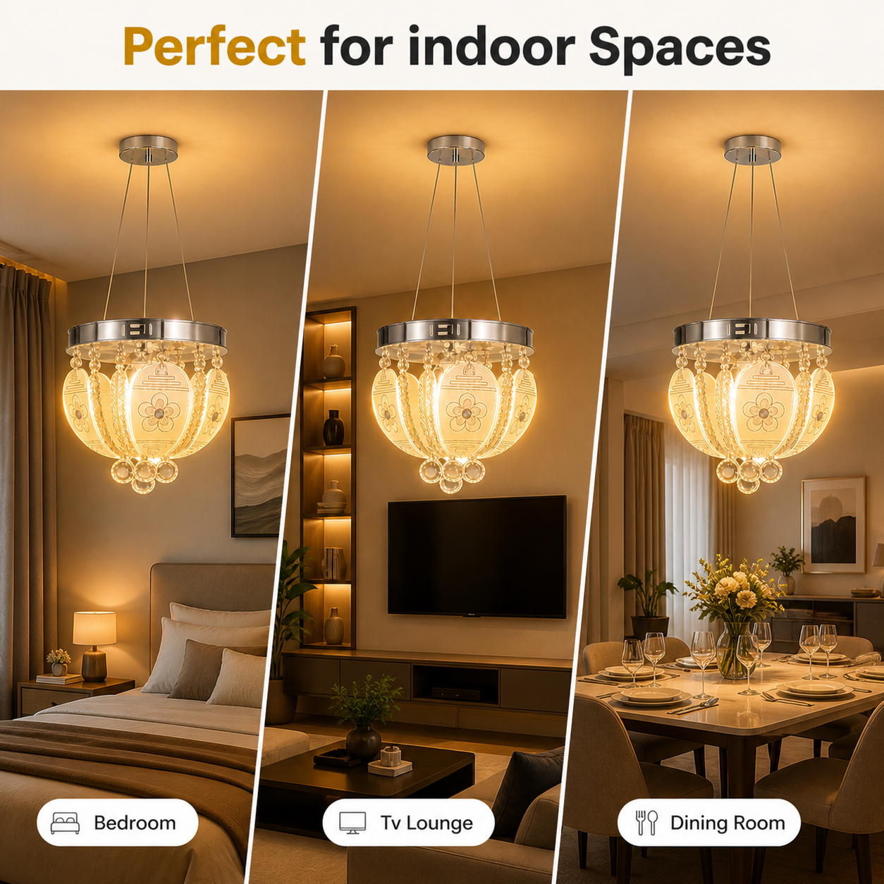 luxury glass chandelier glowing warm light bedroom interior