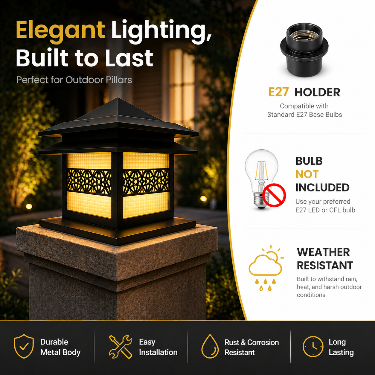 Outdoor lighting fixture on a pillar with product features highlighted