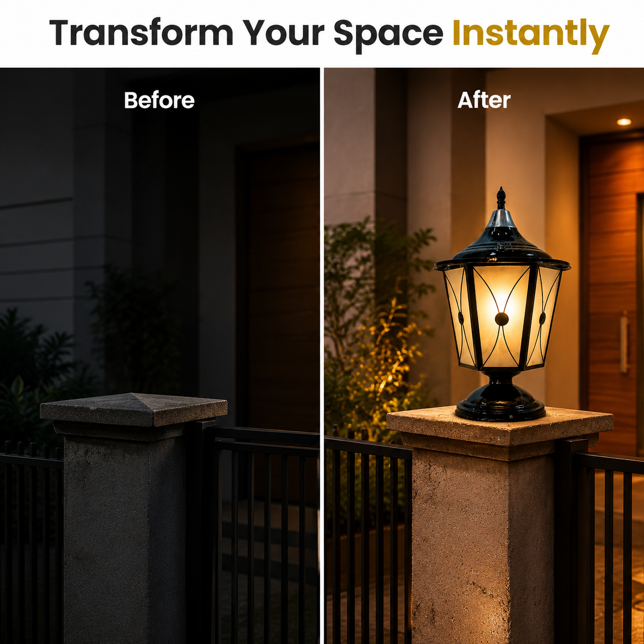 Before and after comparison of a garden light fixture installation.