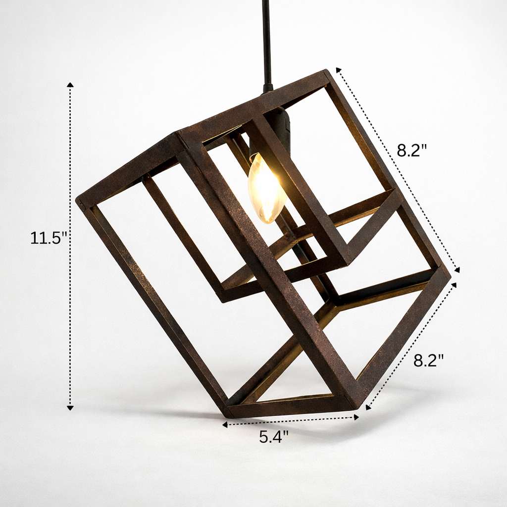 Wooden pendant light with dimensions labeled on a white background