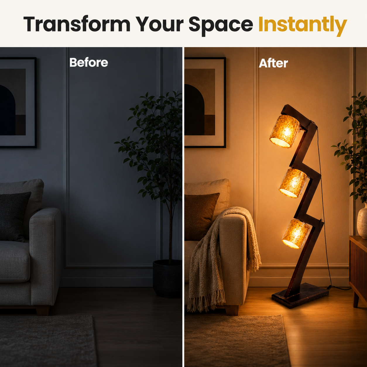 Before and after comparison of a living room with a floor lamp added to transform the space.