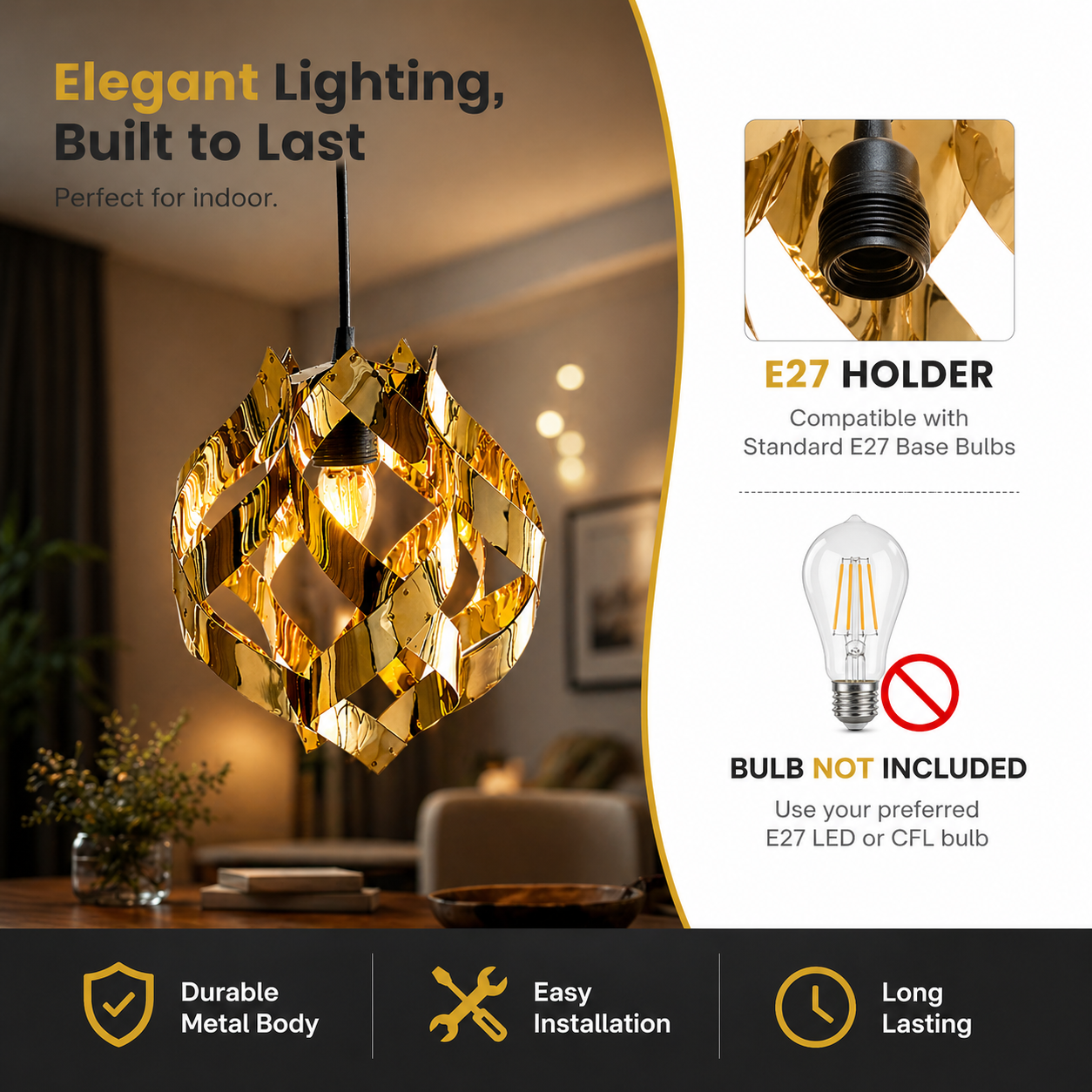 Gold pendant light with E27 holder details and bulb compatibility information.