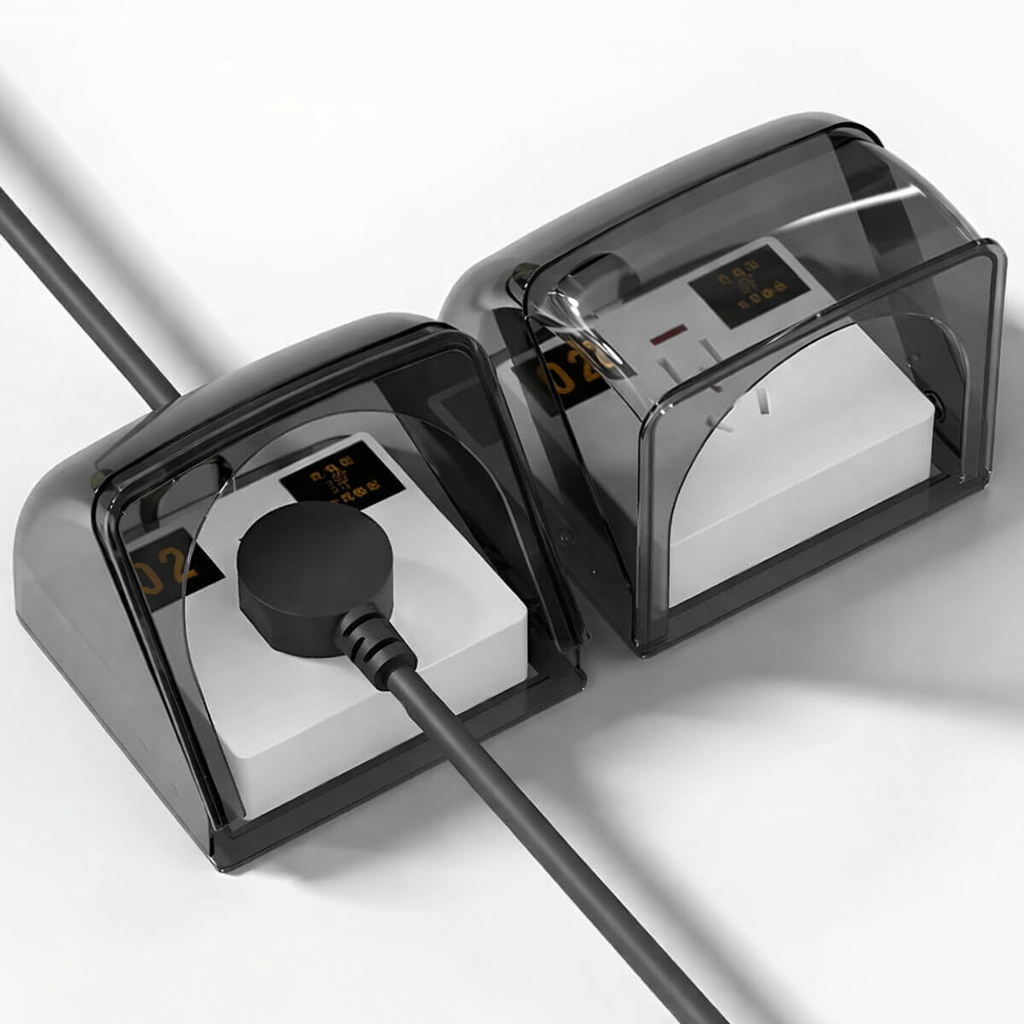 Two black electronic devices with digital displays on a white background