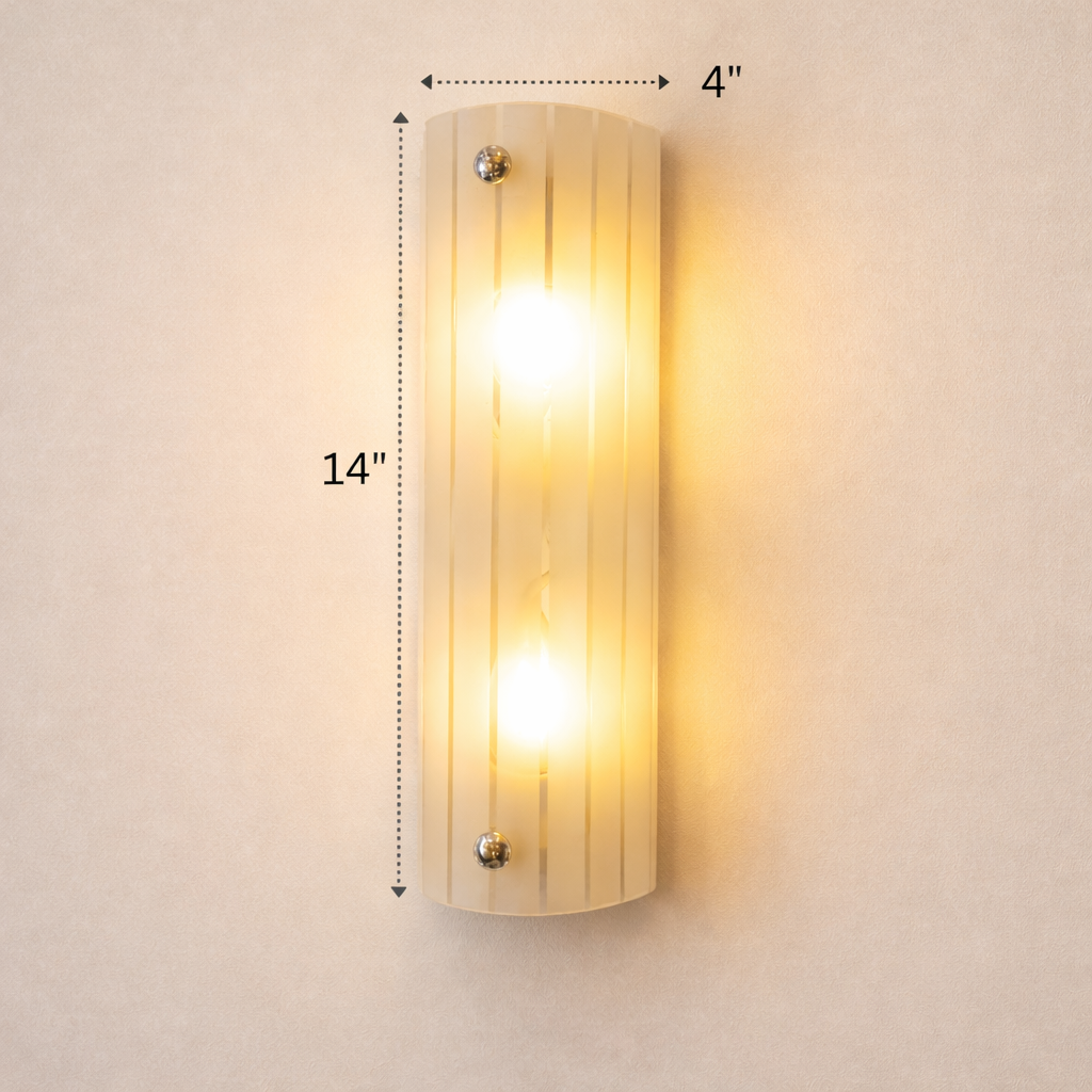 Wall-mounted light fixture with dimensions indicated on a beige wall.