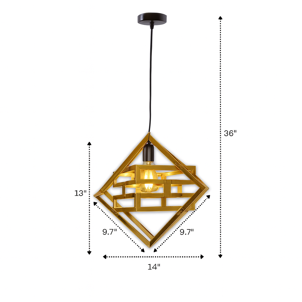 Golden frame ceiling light hanging above sofa or bed setup