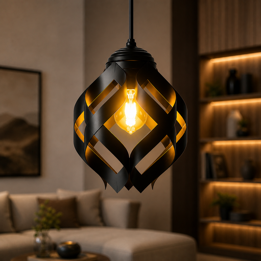 Modern black metal pendant light glowing warmly in living room