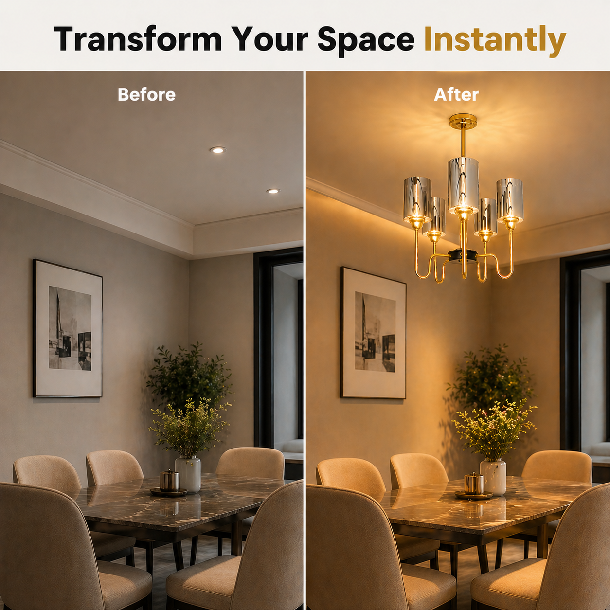 Before and after comparison of a dining room with added chandelier.