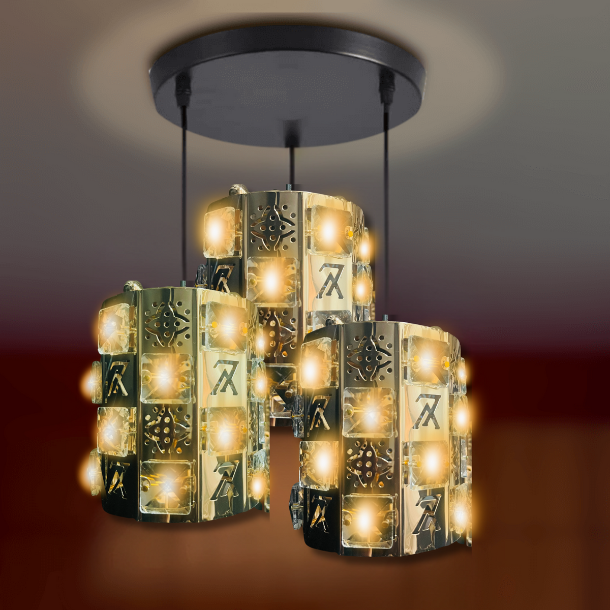 3-Light Cluster Pendant Lighting Crystal Chandelier Gold