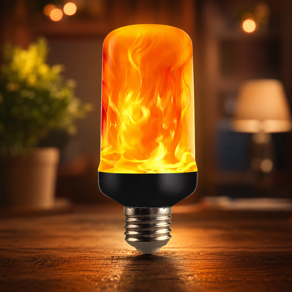 Light bulb with flame-like design on a wooden surface