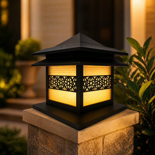 Decorative outdoor lantern on a stone post with a warm glow, surrounded by plants.