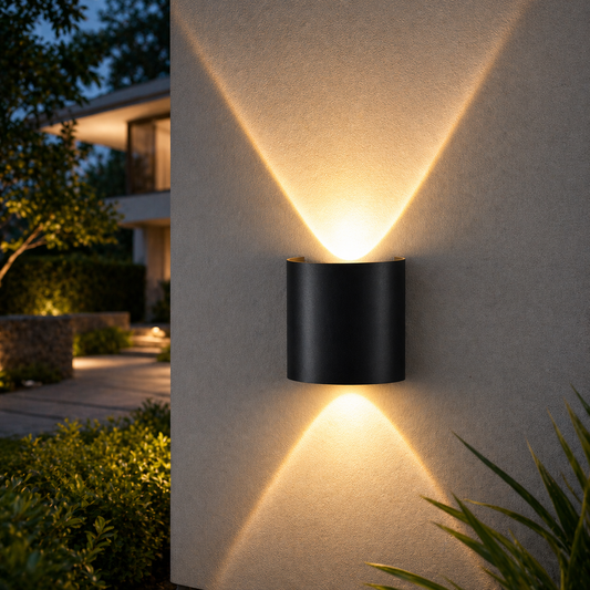 Black outdoor wall light fixture on a building exterior with garden and house in the background.